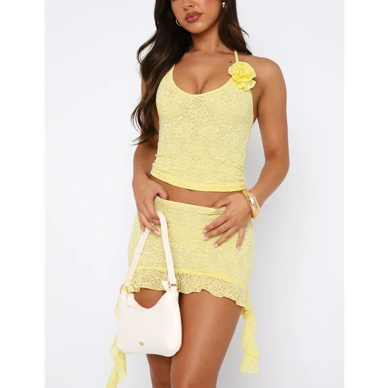 Lace Outfit y2k Clothing Summer Women 3D Flower Halter Crop Tank Tops + Ruffled Hem Mini Skirt Two Piece Set Clubwear