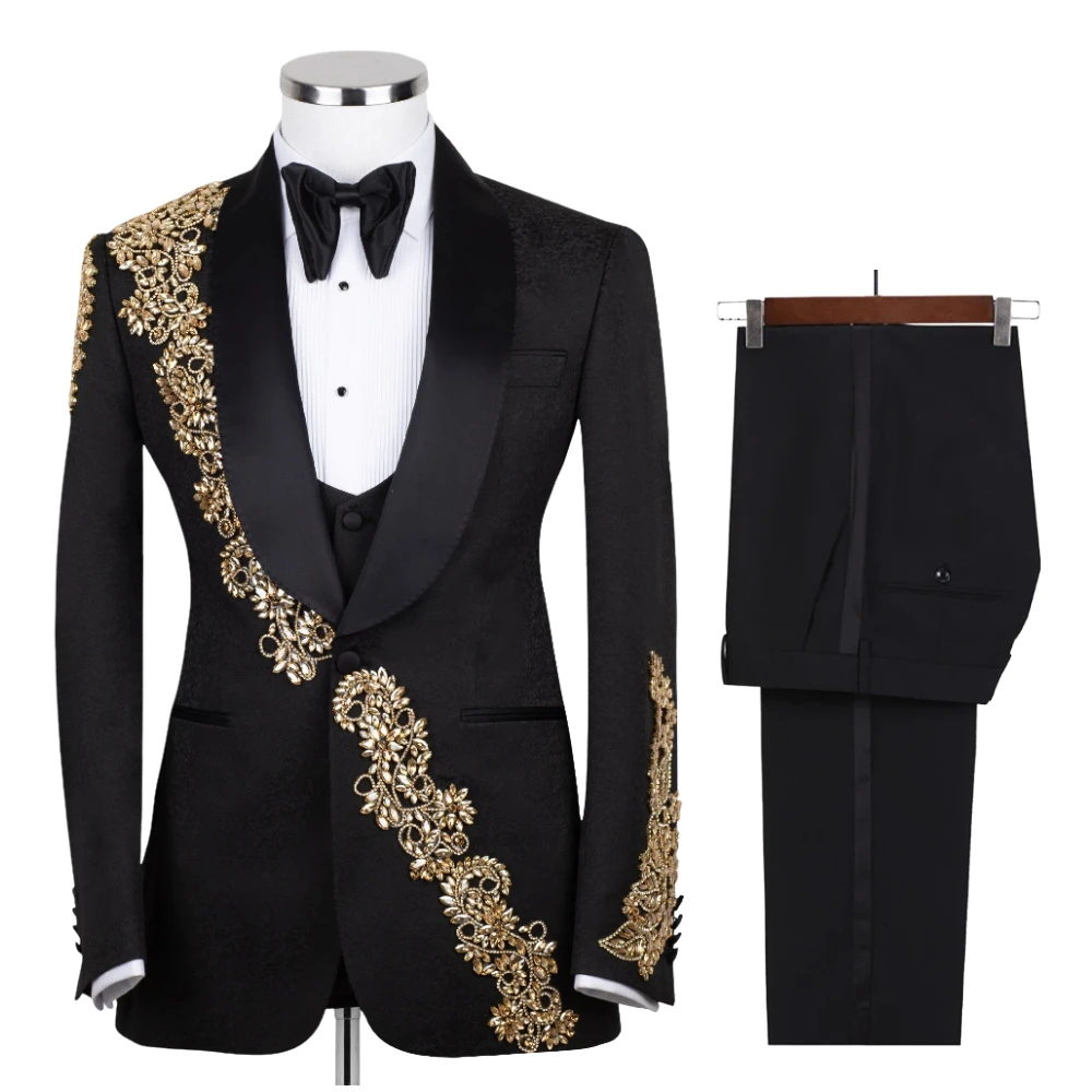 Stunning Beaded Men Suits for Wedding Prom Party Custom Made Groom Tuxedo Jacket with Pants Male Fashion Costumes