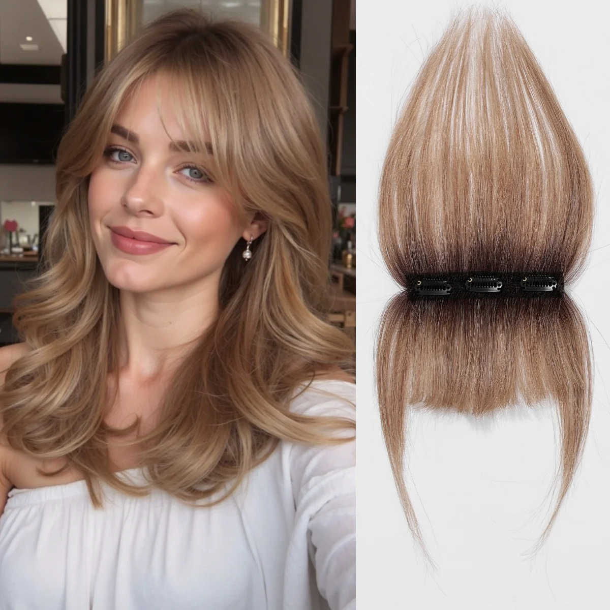 

Ombre Brown Bangs Hair Clip in Bangs 100% Remy Human Hair Air Bangs for Women with 3 Secure Clips in Full Fringe Daily Easy Wear