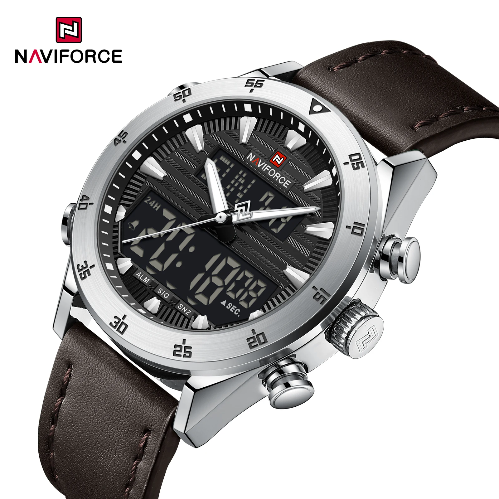 NAVIFORCE 9295 Men Quartz LCD Dual Display Watch Silicone Strap 30M Waterproof Shockproof Luminous Sport Casual Watches for Man