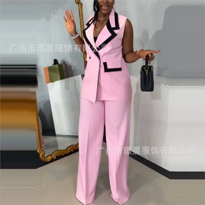 Womens Fashion Pink Color Blocking Sleeveless Vest Wide Leg Trousers Set 2-Piece Set 2025 New Summer Commuting Office Lady Suit