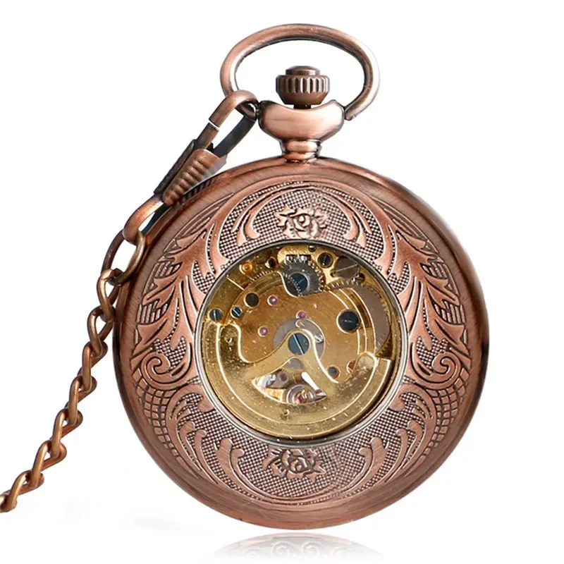 Red Copper Hollow Out Case Unisex Automatic Mechanical Pocket Watch Sunflower Design Roman Number Dial Pendant Chain Clock Gift