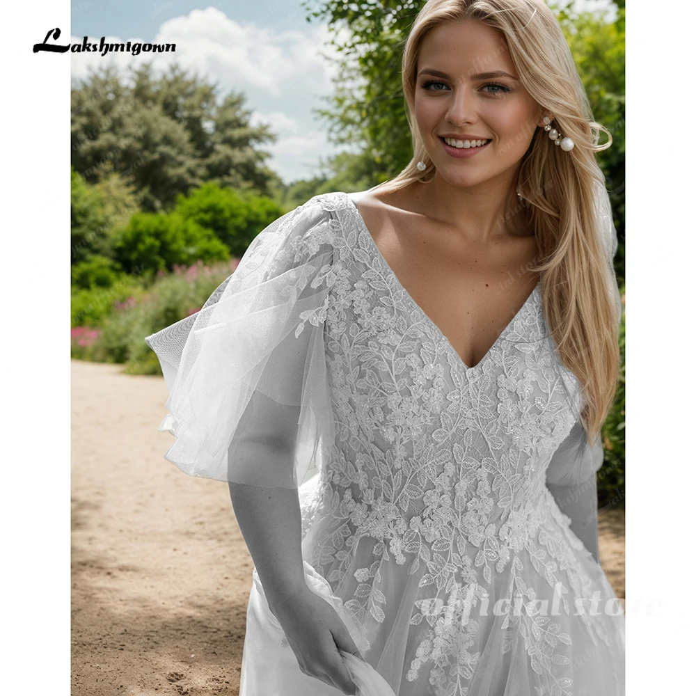 Lakshmigown Plus Size Hochzeitskleid Neue Damenkleider mit Applikationen aus Spitze, V-Ausschnitt, Champagnerfarben, A-Linie, Brautkleider, Robe De Mariée, Maßanfertigung – Detail 7