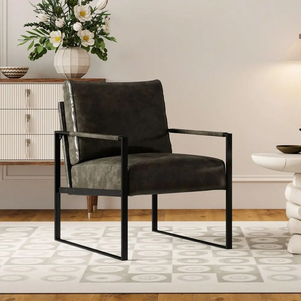 

PU Leather Armchair With Metal Frame,Comfy Single Reading Chair With Soft Padded Backrest And Cushion For Living Room, Bedroom