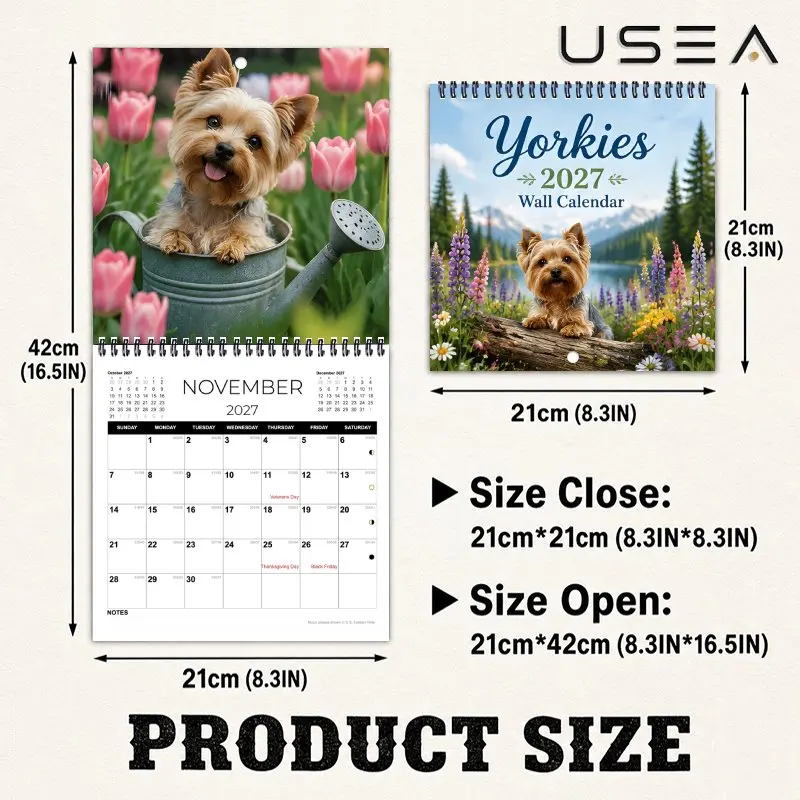 2027 Yorkies Wall Calendar, 12 Month Monthly Planner Binding, Hanging Square Calendar with Wildflower Floral Design, Ideal Gift