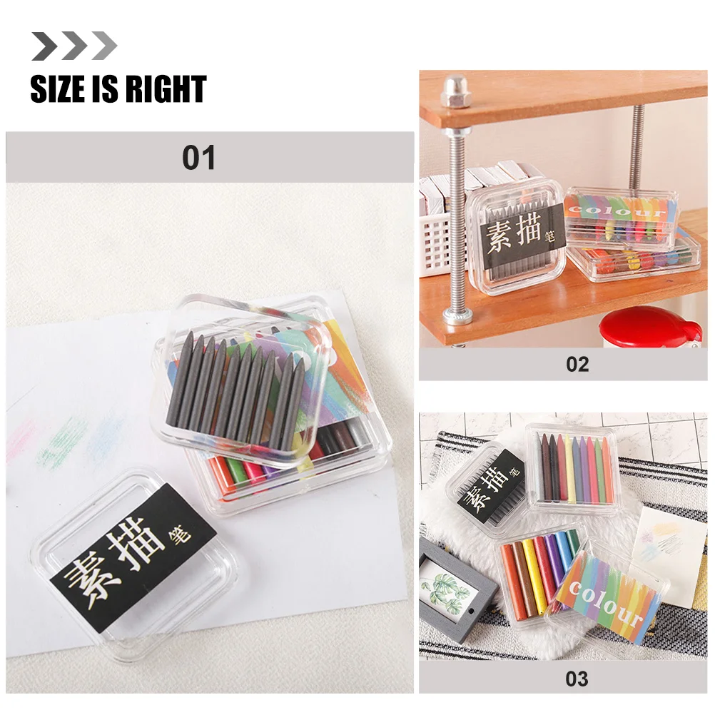 3 cajas de crayones para casa de muñecas, decoración colorida en miniatura, modelo artesanal, microaccesorio, lápiz de boceto pequeño, bolígrafos para cera