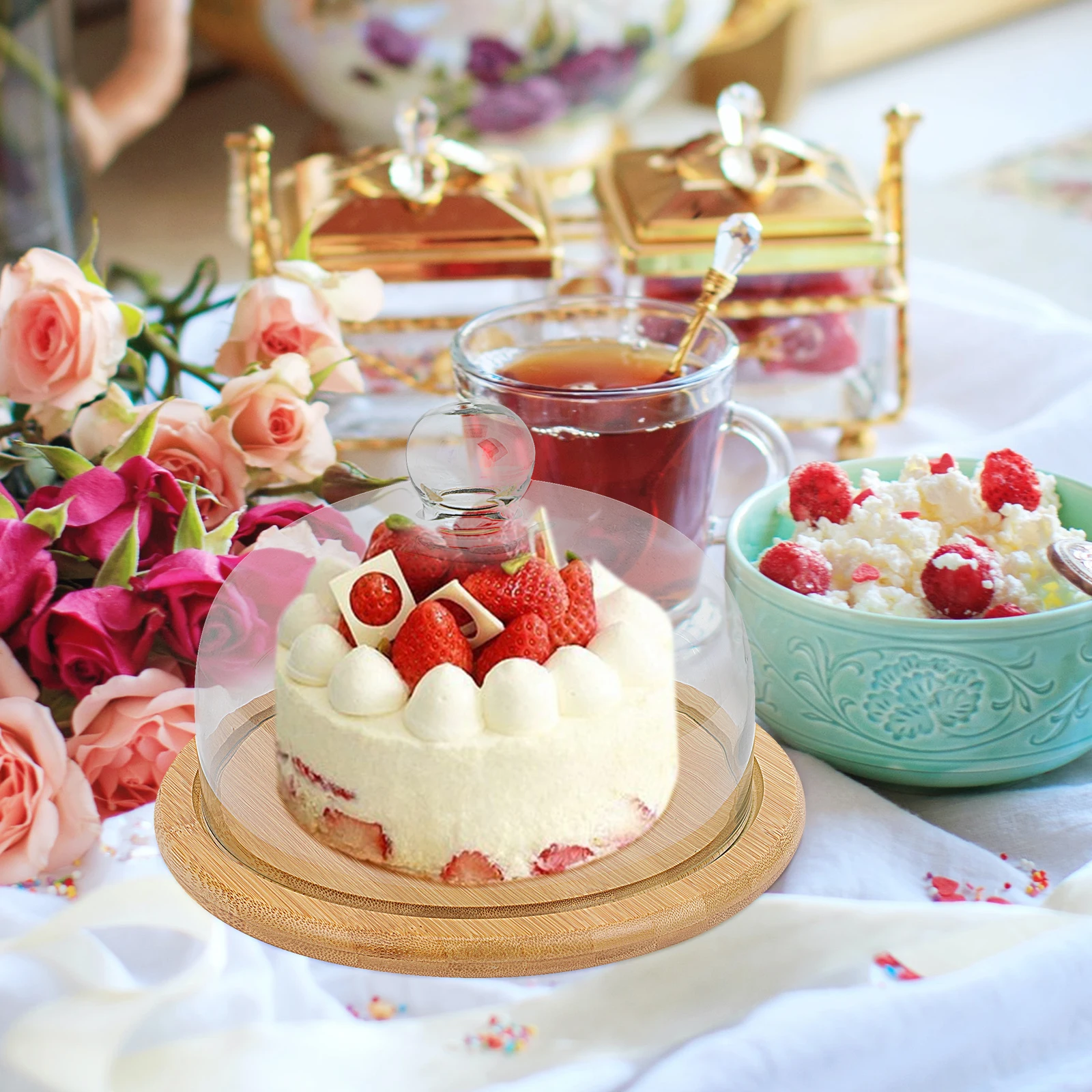 

1 Set Cake Glass Cover Dessert Display Stand Transparent Food Storage Tray Reusable Party Wedding Home Use Wood Plate