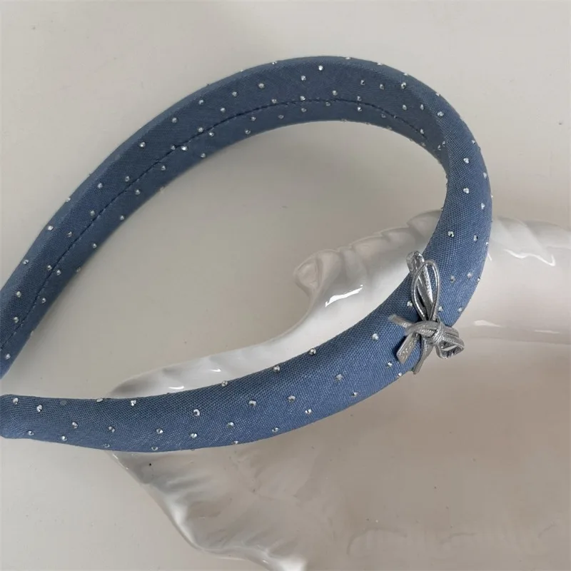 Silver Bow Hot Diamond Blue Sweet Cool Girl Cowboy Hair Hoop New Daily Versatile Hair Clip Exquisite Headband