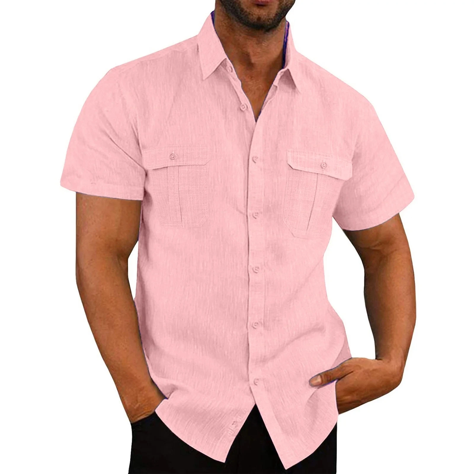 Camisas con botones para hombre, camisa informal de manga corta con cuello de solapa, Color sólido, Tops de verano