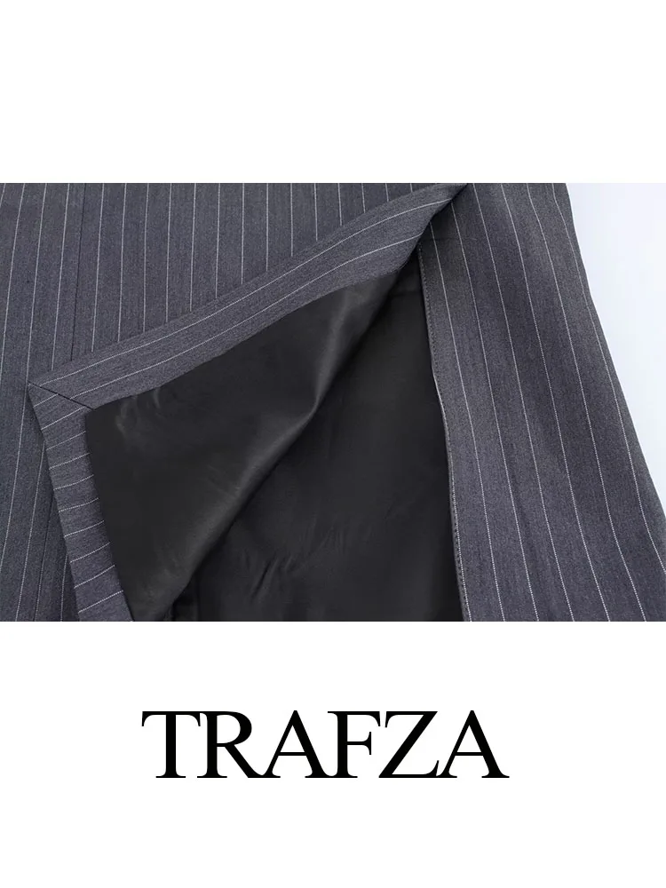 TRAFZA Blazer larghi primaverili da donna Striscia grigio scuro Colletto rovesciato Maniche lunghe Tasche Cappotti doppiopetto moda femminile