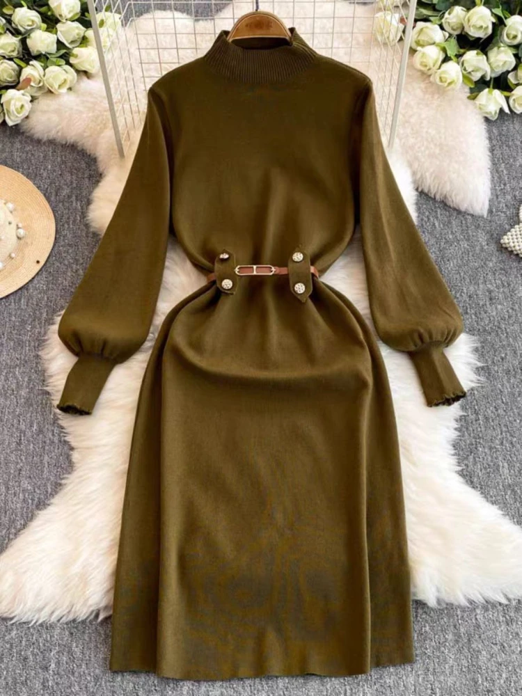 Women Knitted Dress Autumn Winter Slim Long Sleeve Korean Dresses Ladies Elegant Solid Casual Sweater Dress Robe Vestidos