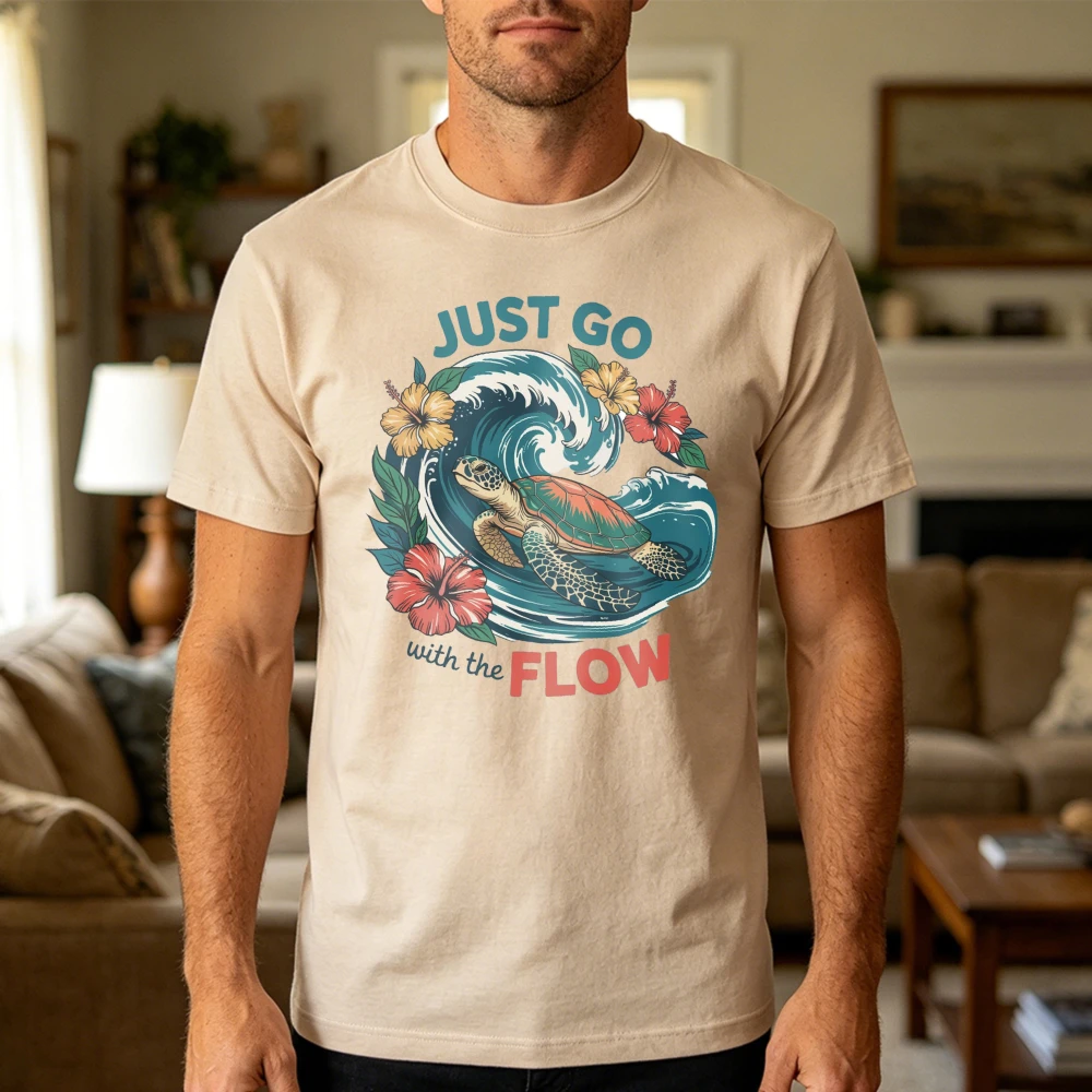 Just Go with The Flow Turtle Wave Floral Summer Casual Men T-Shirt Cotton Short Sleeve Fashion Top for Beach Gift Wear Shirt