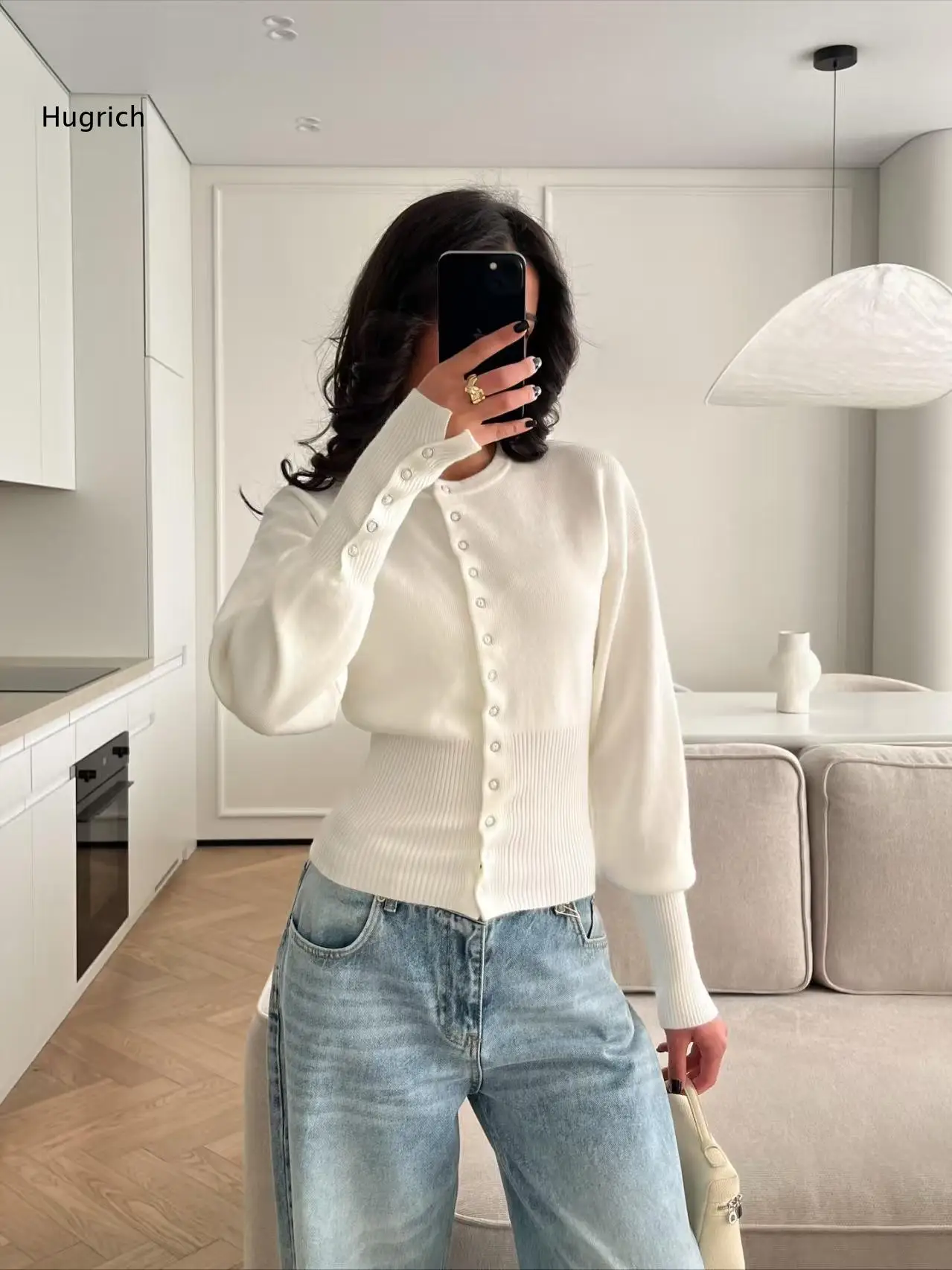 Ladies Knit Cropped Cardigan Round Neck Puff Long Sleeve Button Closure Ribbed Waist Design Slim Fit For Street And Office Wear