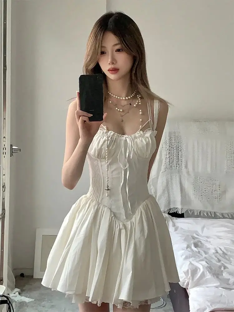 French Style Fishbone Dress Women's First Love Girl Ballet Waist Slimming White Suspender