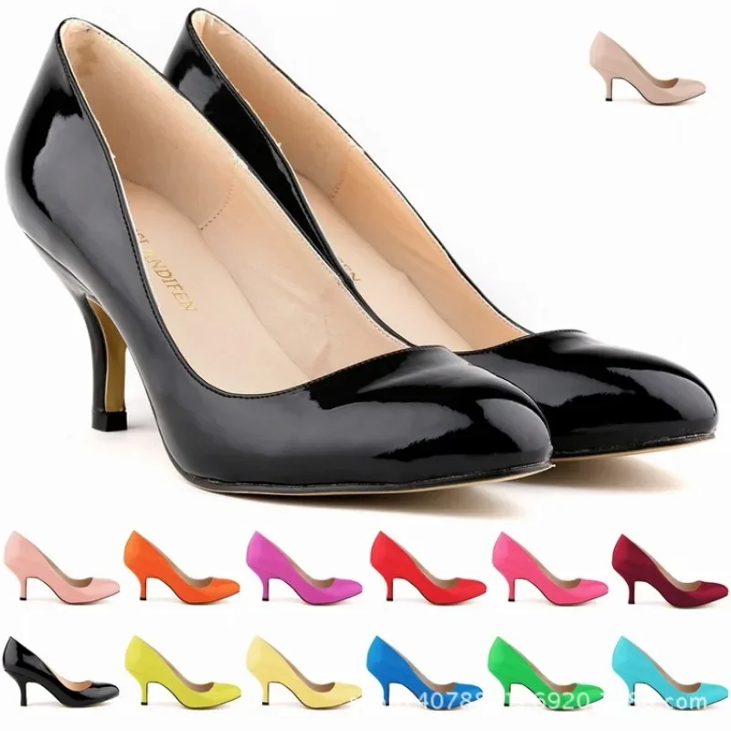 LOSLANDIFEN Women Pumps fashionable beautiful Shallow Patent Leather 6CM Thin high heels Fashion Party Prom Women Shoes apricot