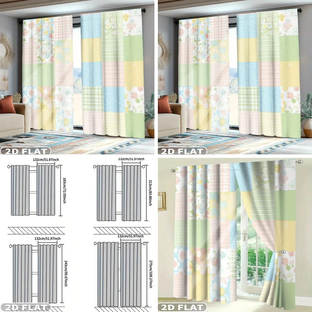 

2D FLAT 2pcs Curtains Patchwork Floral Gingham Polka Dot for Balcony Bedroom Living Room Spring Summer Decor, Machine Washable