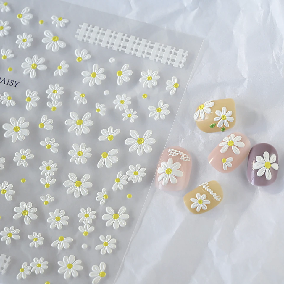 2 piezas calcomanías de arte de uñas diseño de margarita blanca 5D relieve florecita hoja verde decoraciones DIY primavera verano 2