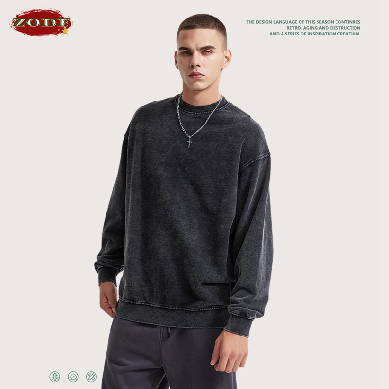 ZODF 2022 Men Retro Washed Cotton Kintted Sweaters Streetwears Unisex Oversized 380gsm O-Neck Sweatshirts Pullovers HY0363