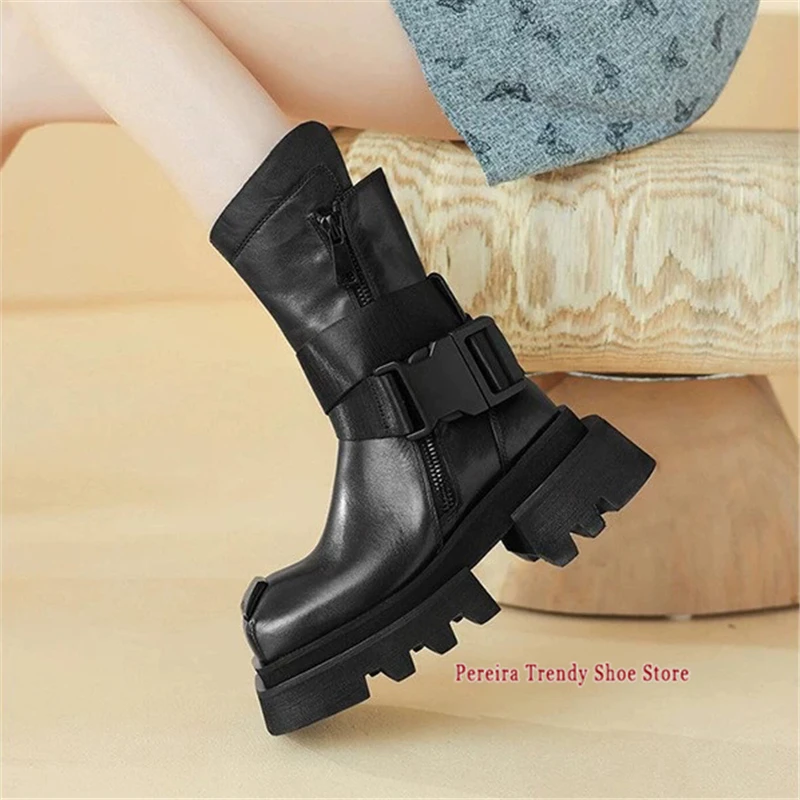 Square Toe Thick Soled Motorcycle Boots Couple Casual Shoes Autumn Winter Men Women Black Leather Buckle Platform Short Boots view 5