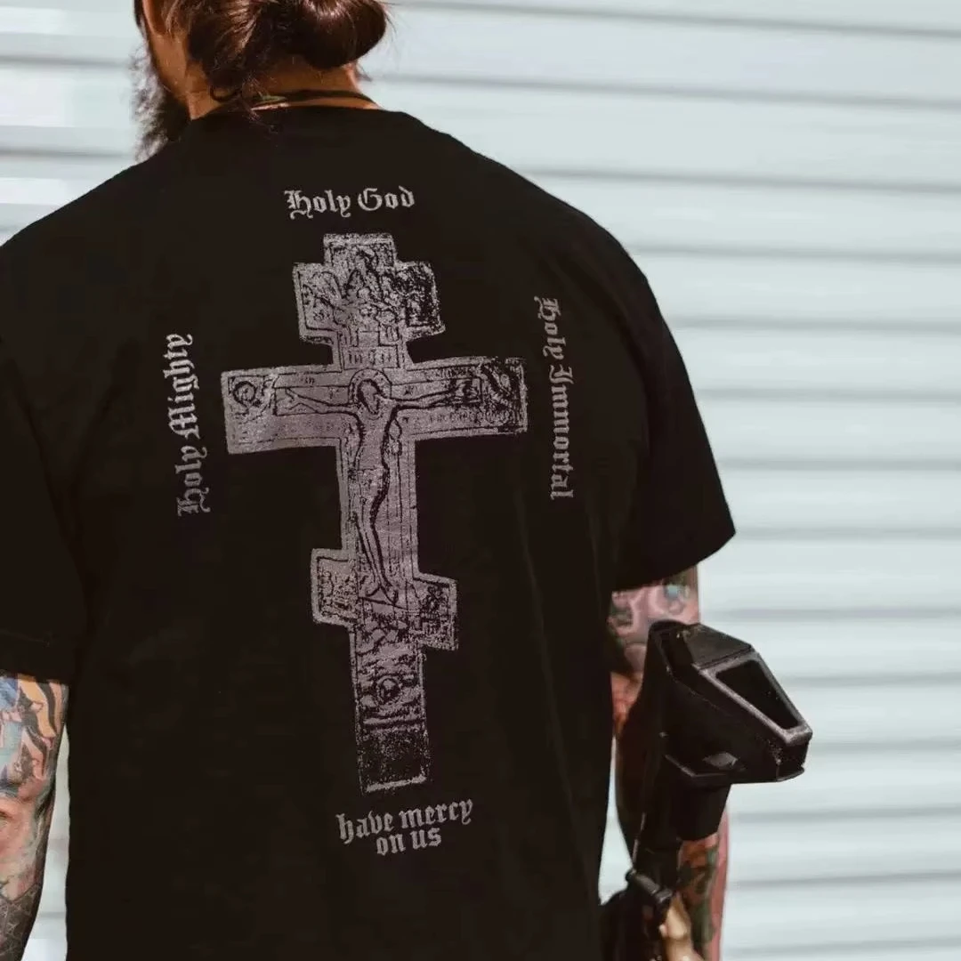 T-Shirt mit christlichem Kreuz-Motiv |   Vintage Militär-Streetwear-T-Shirt, Glaubensbasiertes Kurzarm-Oberteil für Männer