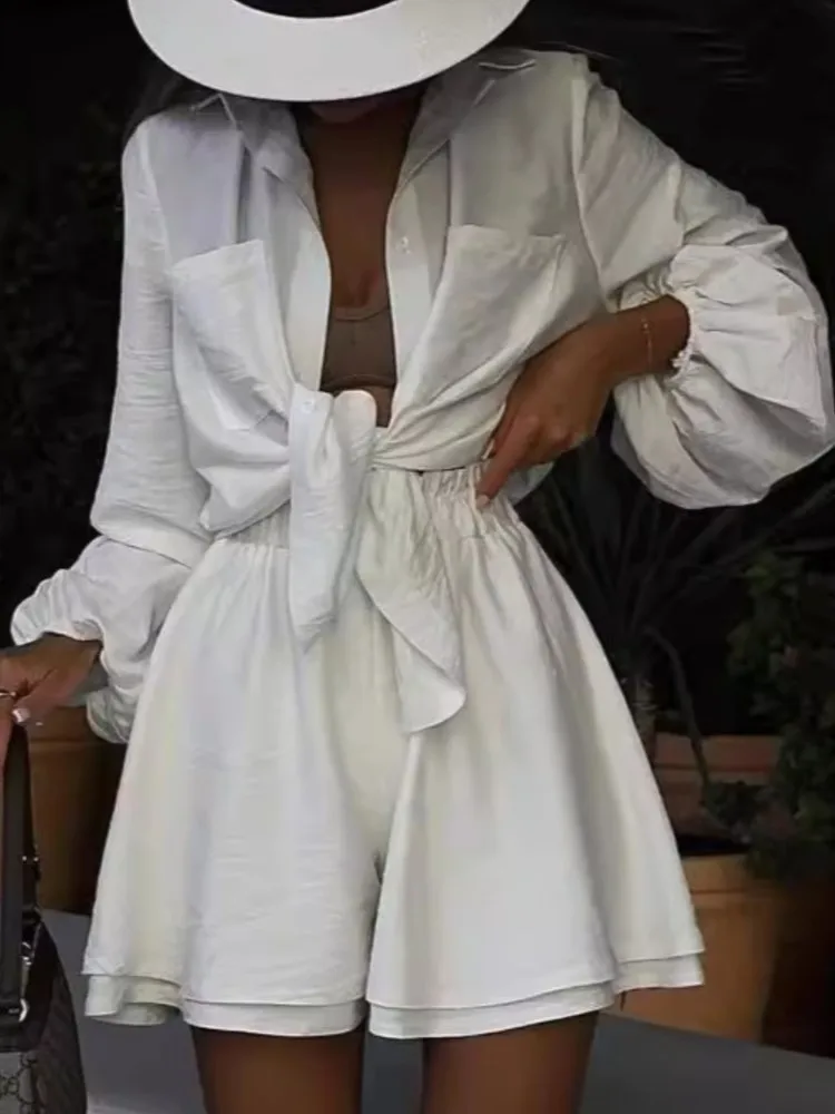 

Casual Loose Shorts Set For Woman Turndown Collar Pocket Long Sleeve Shirt+High Waist Shorts Solid 2 Piece Sets 2025 New Summer