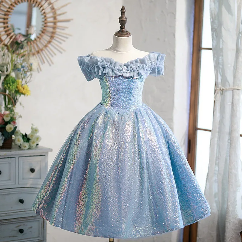 

Sequined Wedding Children's Dress Princess Host Blue Wedding Flower Girl Dress Blue Fairy Piano Performance Long Dress