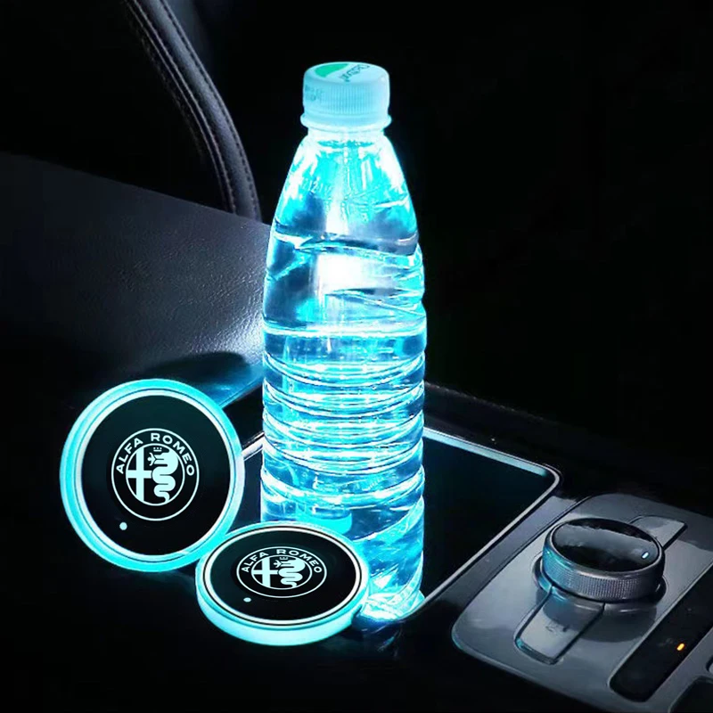 7 Colors Car LED Luminous Water Cup Pads Auto Coaster Mats For Alfa Romeo Giulia Stelvio Giulietta 156 159 147 Mito Tonale Brera