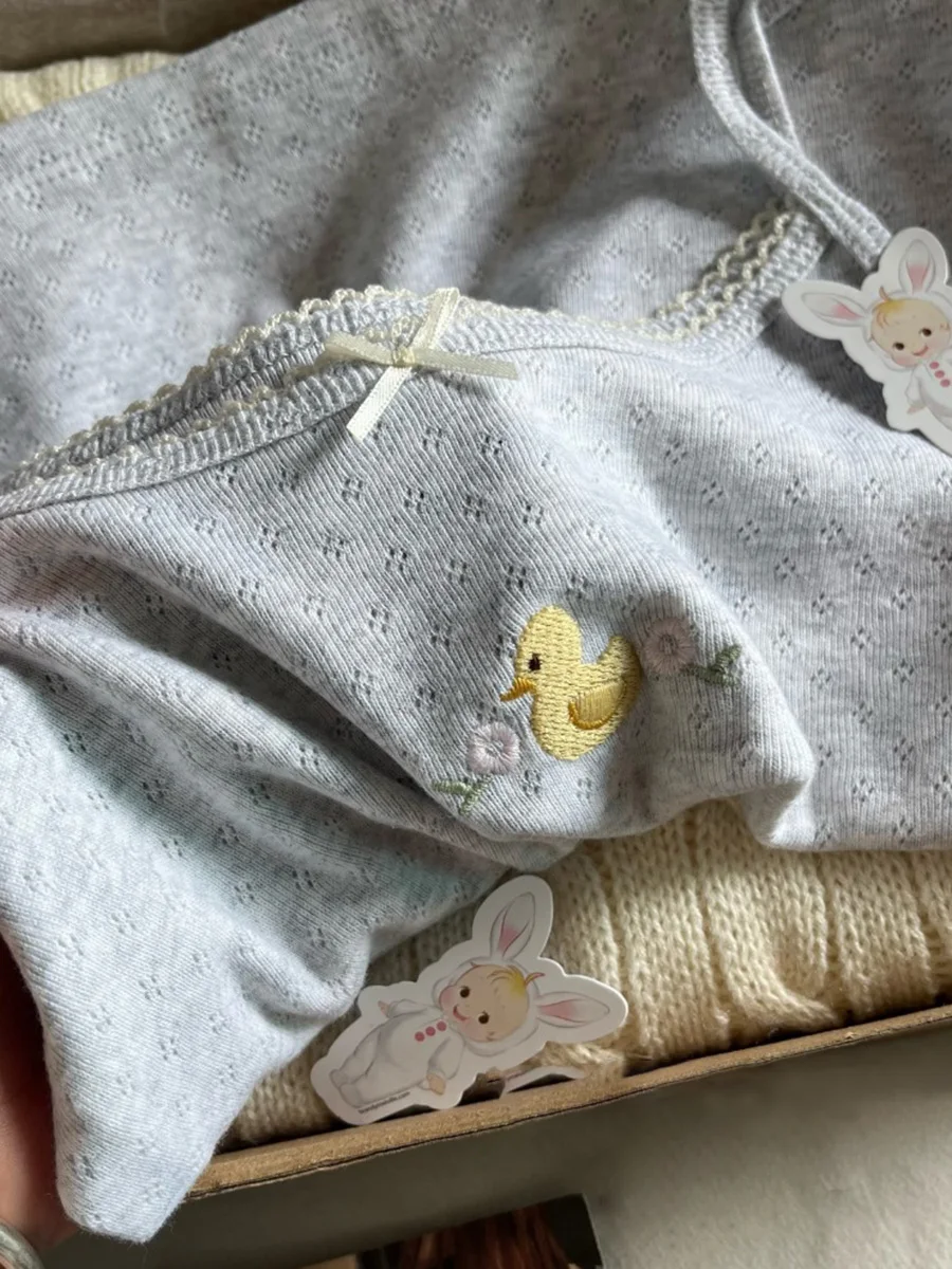Little Duck Print Vest Pant Pajama Set Women Eyelet Slim Tank Tops+ Casual Straight Trousers Cute Sweet Cotton Home 2 Piece Sets