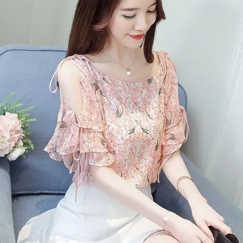 

Шифоновая женская рубашка с открытыми плечами и цветочным принтом, новый модный топ с расклешенными рукавами
