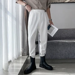 Spring Summer Mens Fashion Harem Pants Ankle Length Elastic Waist Tapered Pleated Joggers Man Black White Casual Suit Trousers