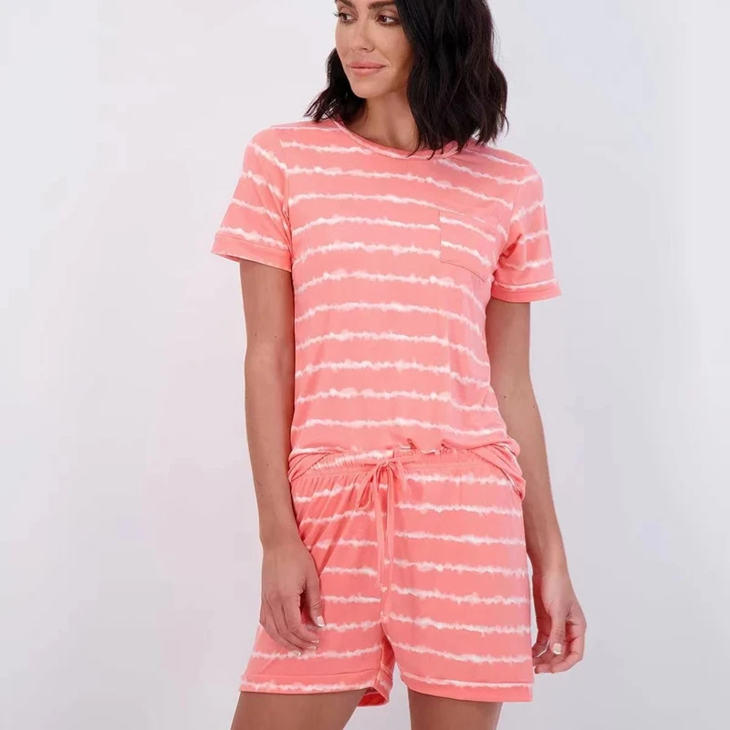 

Простой стильный пижамный комплект в полоску с принтом, топ с короткими рукавами и круглым вырезом и эластичные шорты, удобная женская ночная рубашка, домашняя одежда