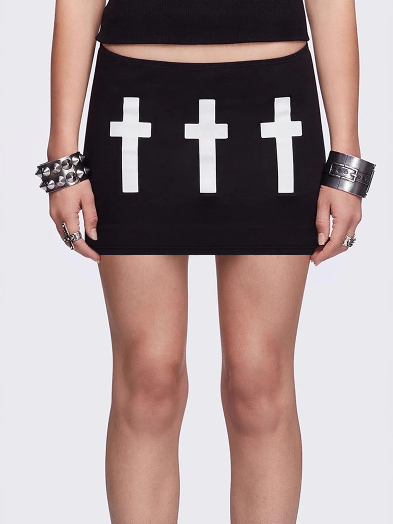 Three Cross Print Low Waist Bodycon Mini Skirt Gothic Punk Y2K Skirt