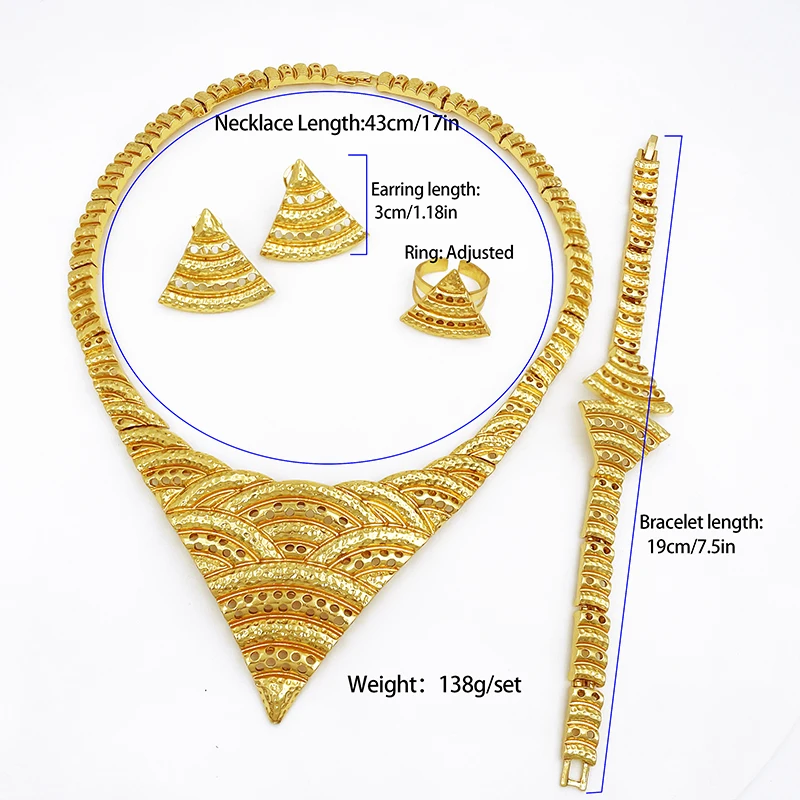 Dubai Gold Color Jewelry Sets For Women Luxury Design Spike Necklace Earring Ring Bracelet Set Jewelry Accessories Daily Wear