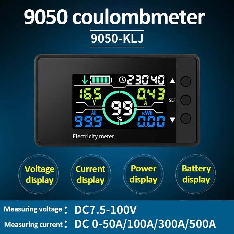 DC 7.5-100V Battery Monitor Coulomb Tester 50A 100A 300A 500A Digital Voltmeter Coulomb Meter Voltage Battery Capacity Indicator