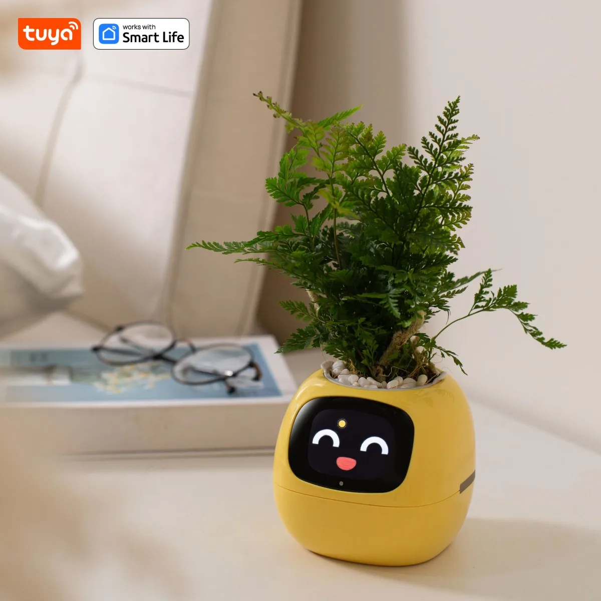 Yellow Tuya Ivy Smart Planter,Endless Fun Over 49 Rich Expressions,7 smart sensors and AI Chips Make Raising Plants Easy and Fun