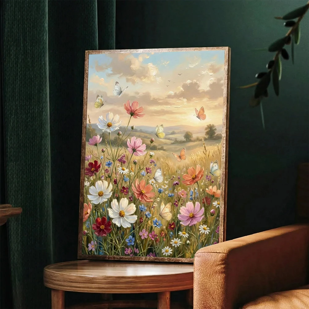 Frameless Printable Wildflower Field Print, Spring Meadow Painting, Neutral Landscape Vintage Print, Antique Farmhouse Wall Art,