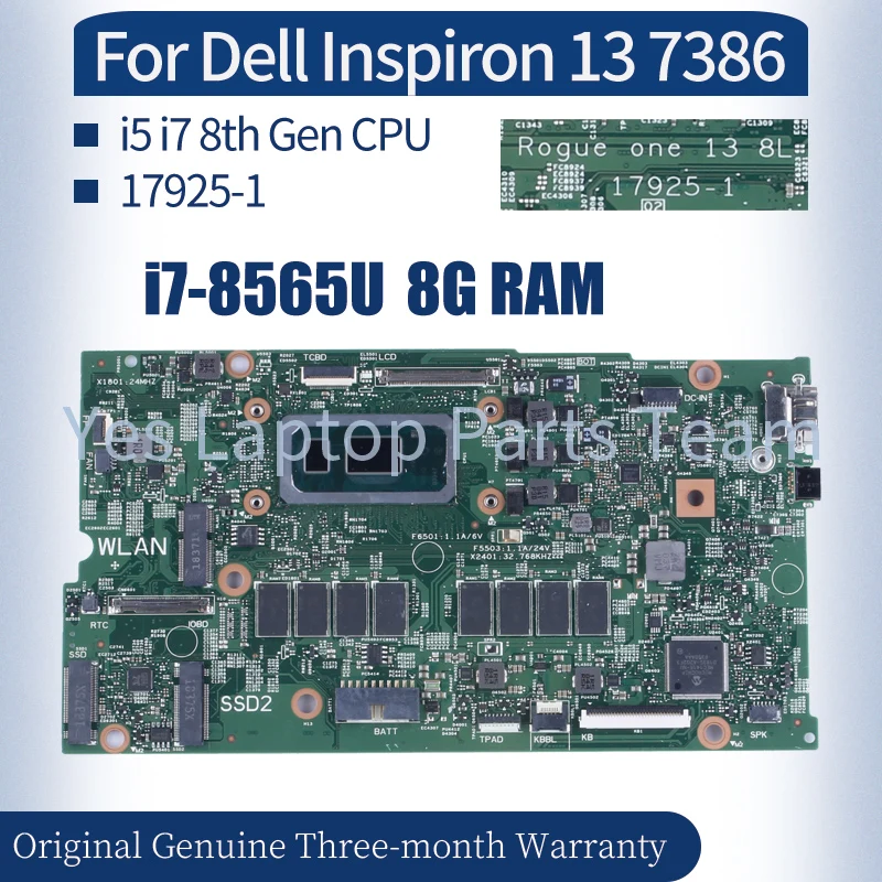 

For Dell Inspiron 13 7386 Laptop Mainboard 17925-1 CN-0V86CW 0V86CW 0NDK8H 02CF17 I5-8265U I7-8565U 8GB RAM Notebook Motherboard