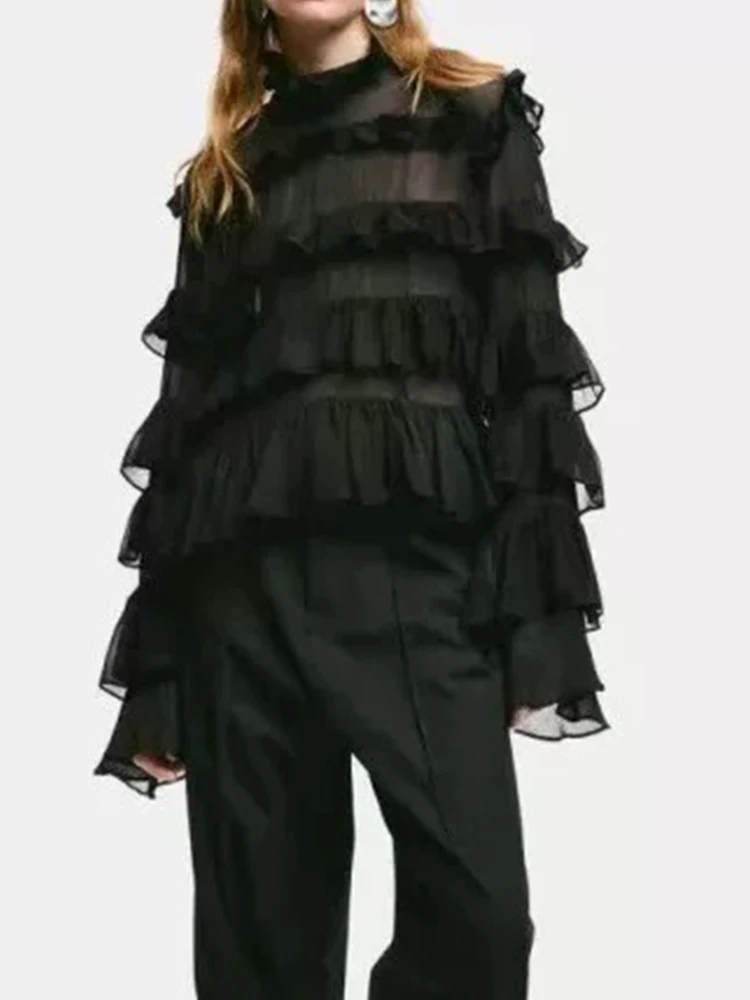 

Retro long-sleeved ruffled laminated fashion shirts in autumn 2025, new niche design, solid color, loose and versatile blouse.