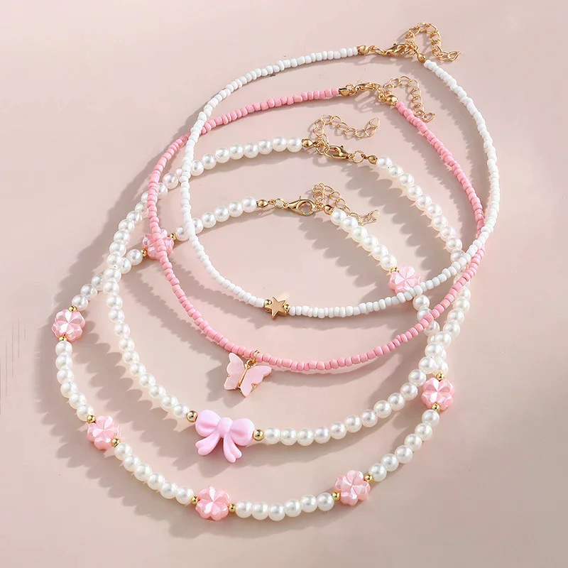 4pcs/Set Girls' Butterfly Heart Flower Pearl & Beaded Handmade Necklace Set Children Teen Friendship Best Gift For Friends
