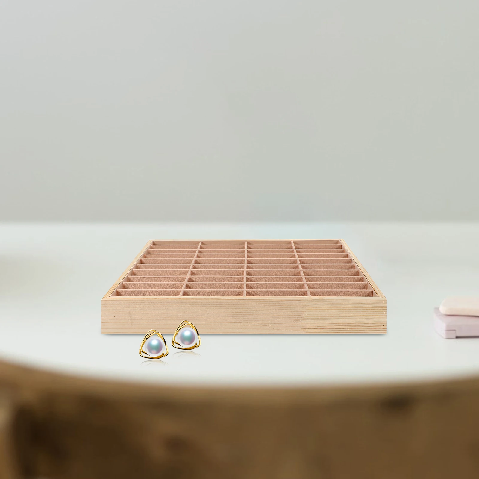 

Creative Wooden Suede Jewelry Tray Multi Grid Storage Organizer Rings Necklaces Earrings Keys Decorative Ring Dish Bedroom