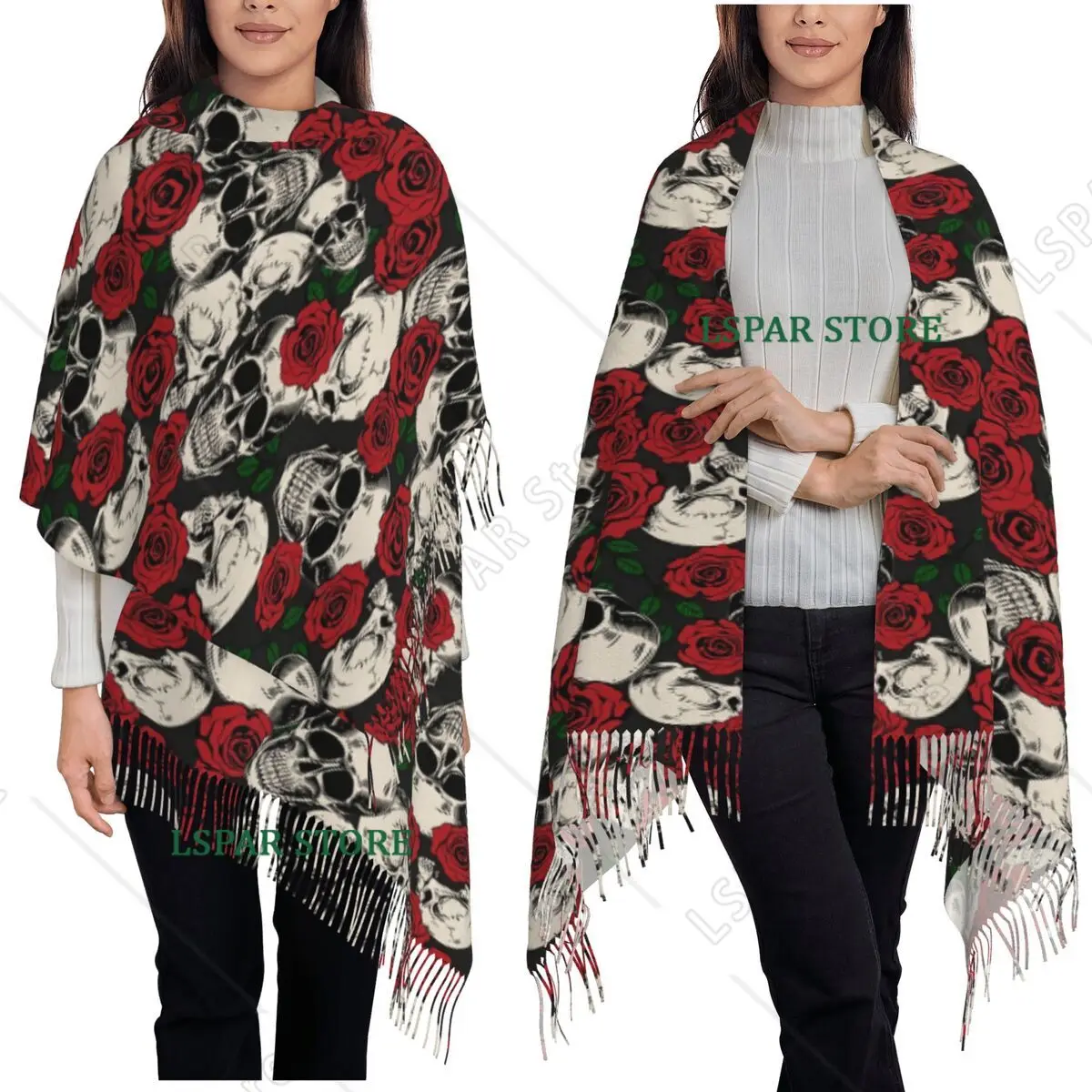 Skull Floral Rose Thorn Gothic Scarf Tassel Scarves for Women Soft Warm Shawls and Wraps Long Fall Winter Shawl Wrap