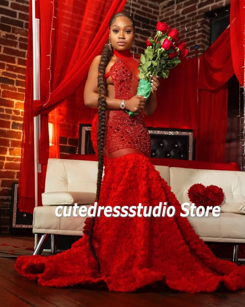 Maxi Red Prom Dress For Black Girl Luxury African Women Pageant Gowns High Neck Backless Beading Vestido De Graduación