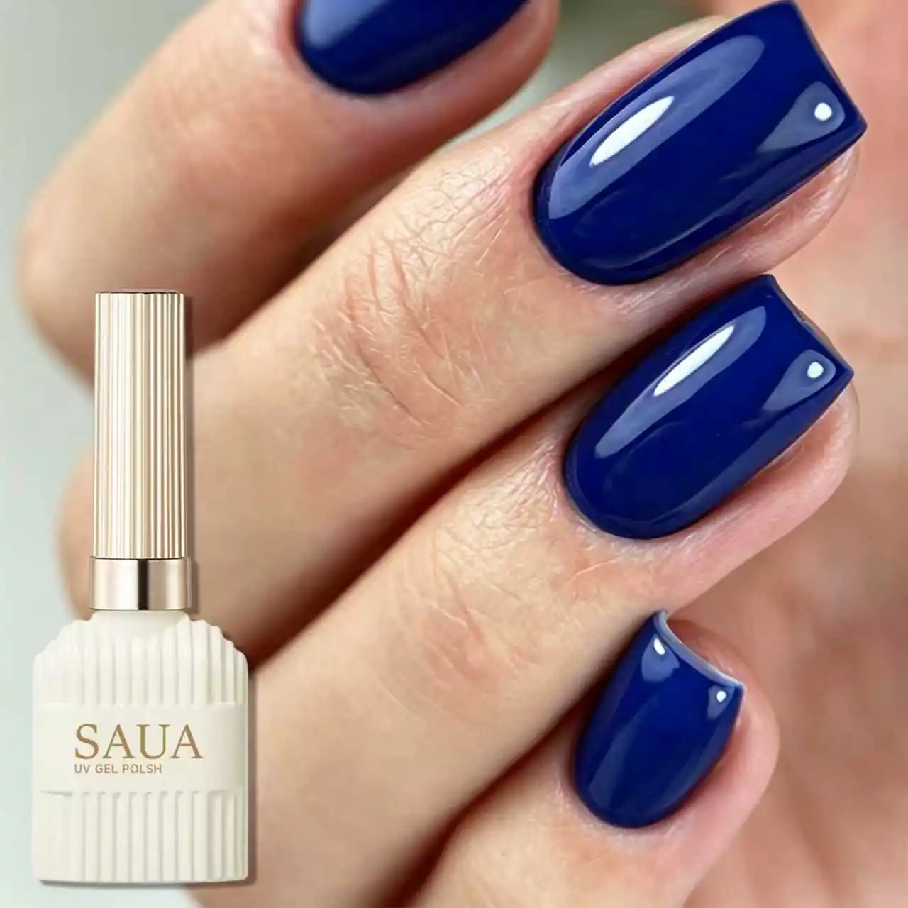 Blue gel polish featuring high saturation and a highly pigmented formula; the bright blue shade enhances skin tone. uv gel nail