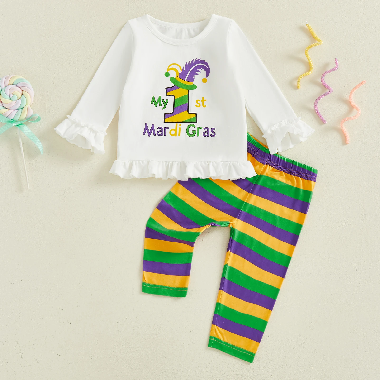 

Blotona Toddler Baby Girl MardiGras Outfit Number Letter Print Long Sleeve O-Neck Pullover Tops +Elastic Waist Striped Pants Set