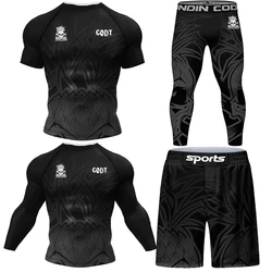 Skull Jiu jitsu Rush Guard MMA Compression T-Shirt+Leggings Sets Bjj Gi Boxing Rashguard Men's Grappling Kickboxing Jerseys