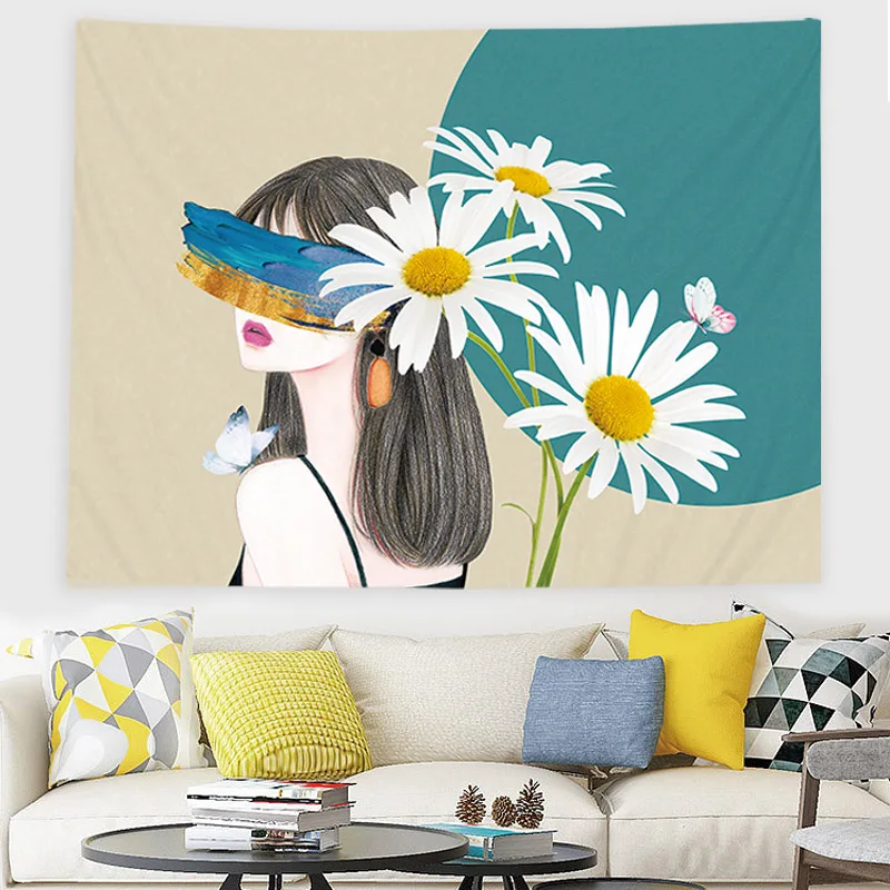 

Nordic Simple Illustration Tapestry Rectangular Printed Wall Hanging Cloth for Living Room Bedroom Bedside Background Decoration
