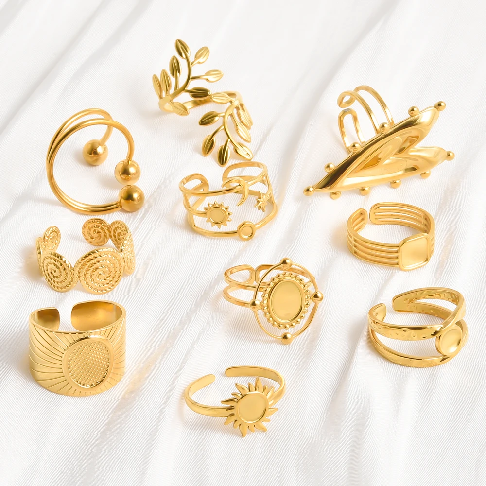 6pc Fashion Stainless Steel Beads Ball Finger Jewelry Chunky Oval Sun Plant Leaves High Quality Ring 18k Real Gold Plated Rings