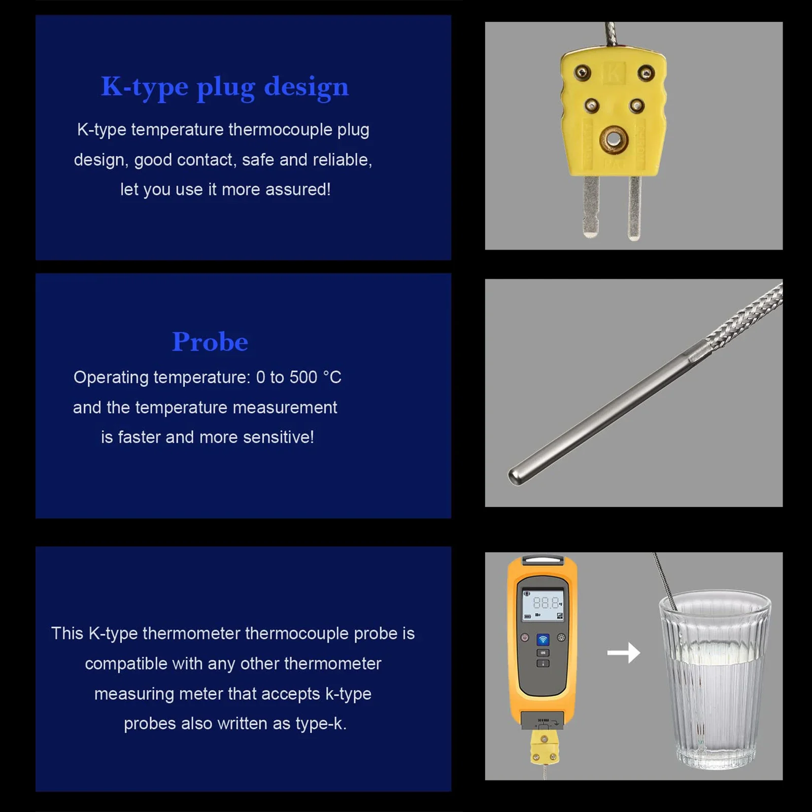 Precise Type K Thermocouple Probe Sensors  Fast Activation  Fiberglass Insulation  Multiple Connection Support 4 Pack