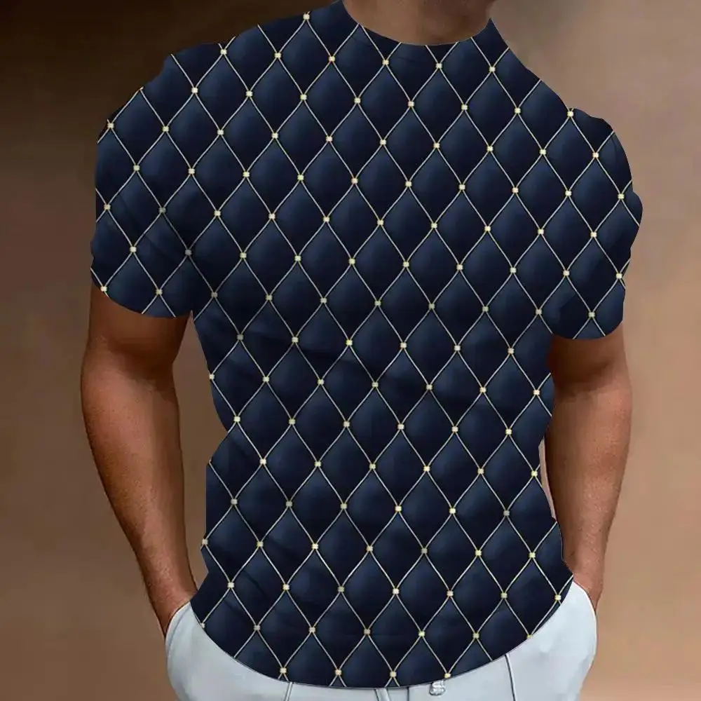 Men Dark Blue Rhombus Gold Dot Print Short Sleeve T-shirt Elegant Business Casual Tops Multiple Colors Available