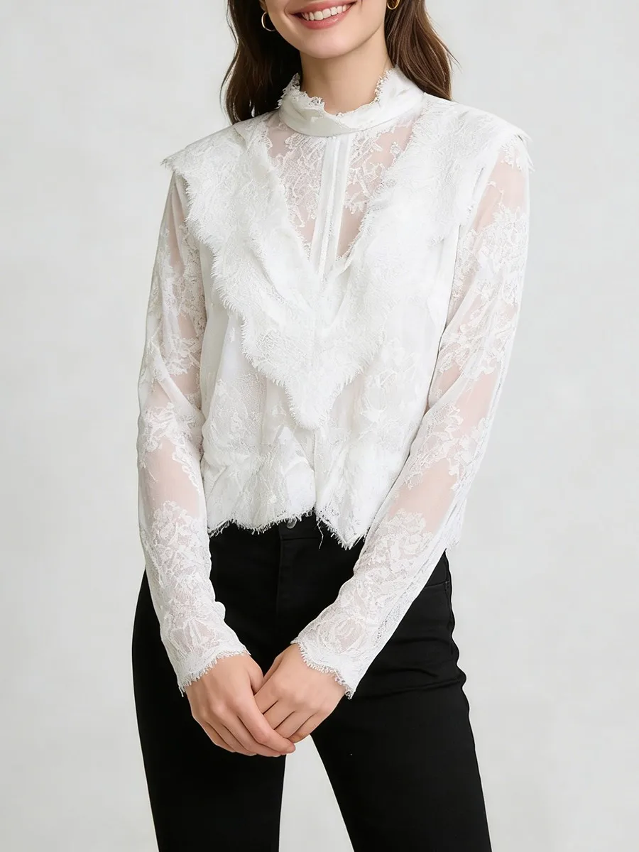 Twotwinstyle sólido emagrecimento sheer emendado rendas blusas sexy para mulheres gola mangas compridas retalhos babados blusa feminina